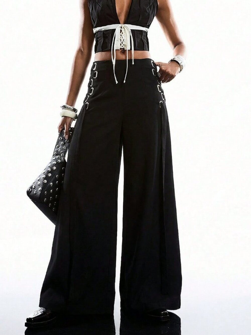 Black Women's Minimalist Casual lace up detailed pleated wide legged pants - Picture 6 of 7